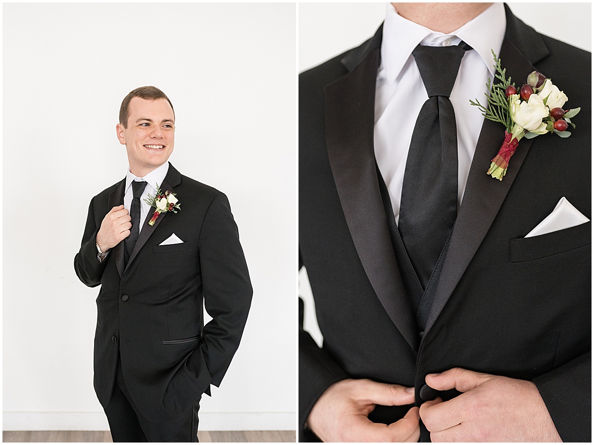 Groom in black tux before Allure on the Lake wedding in Chesterton, Indiana
