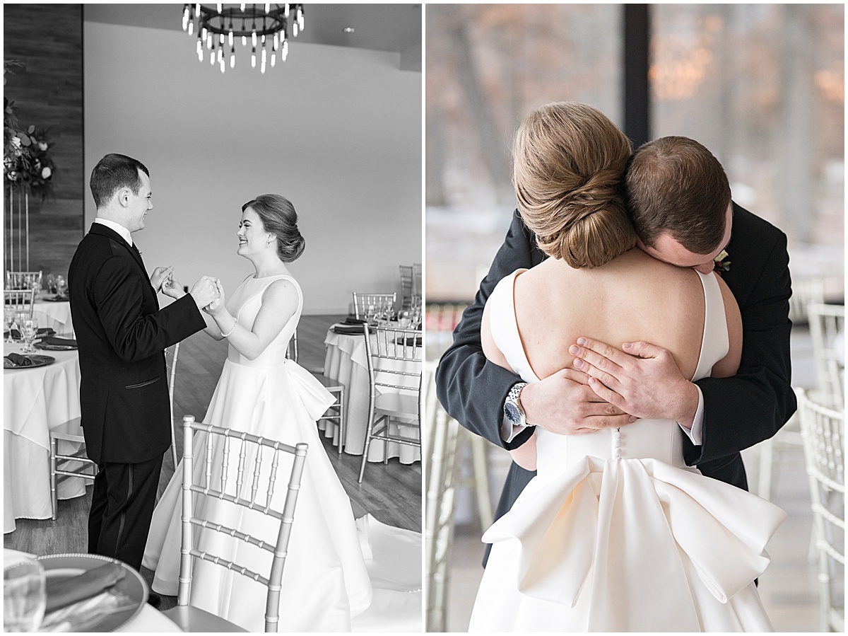 Groom's reaction to bride before Allure on the Lake wedding in Chesterton, Indiana