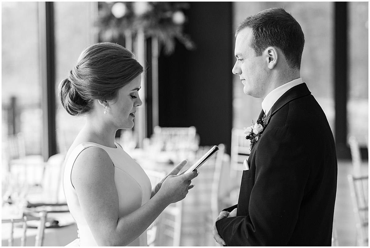 Bride reads private vows to groom before Allure on the Lake wedding in Chesterton, Indiana