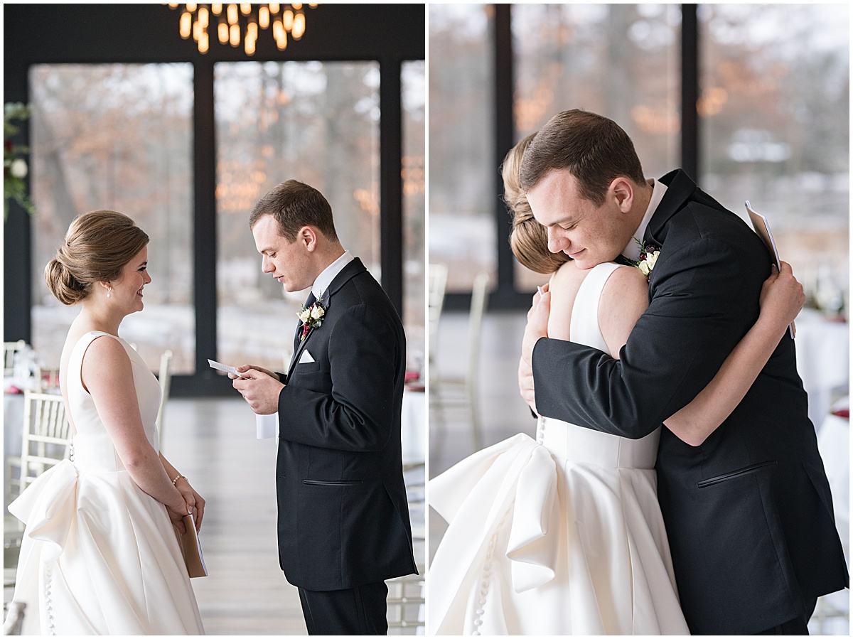 Groom reads private vows to bride before Allure on the Lake wedding in Chesterton, Indiana