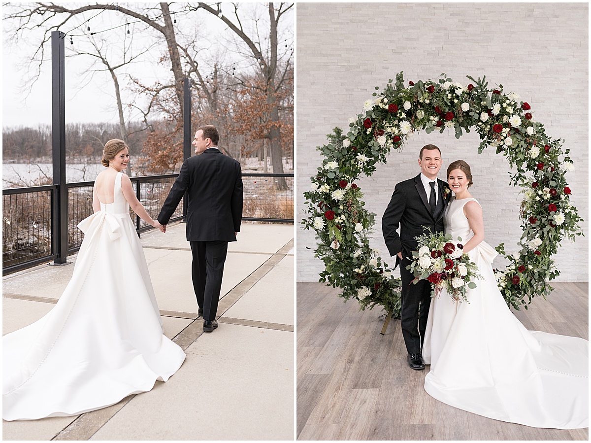 Bride and groom in front of flower archway at Allure on the Lake wedding in Chesterton, Indiana