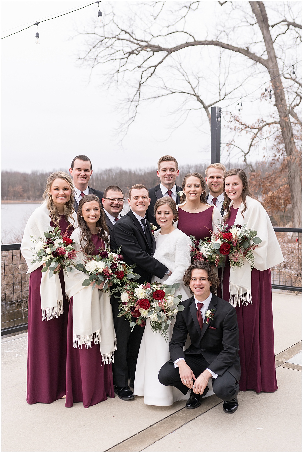 Full bridal party by the lake before Allure on the Lake wedding in Chesterton, Indiana