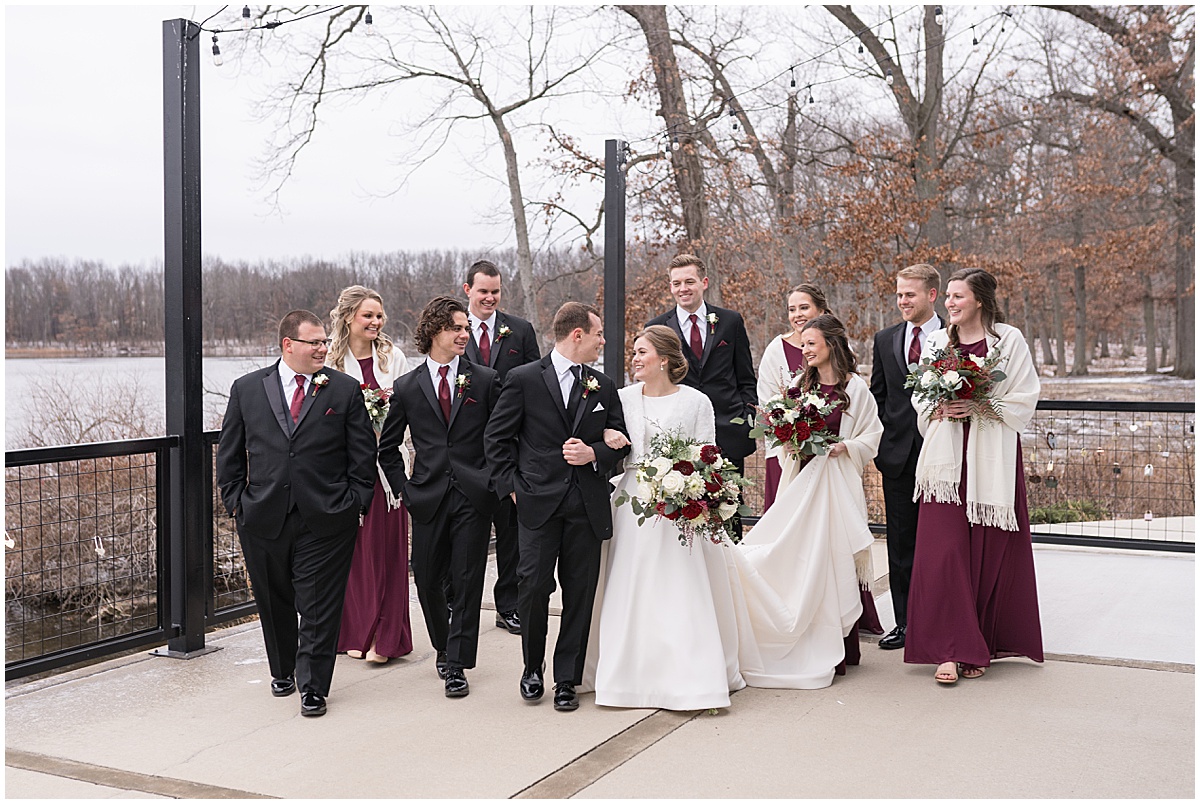 Bridal party walk together at Allure on the Lake wedding in Chesterton, Indiana