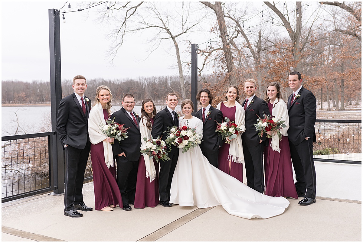 Full bridal party by lake at Allure on the Lake wedding in Chesterton, Indiana
