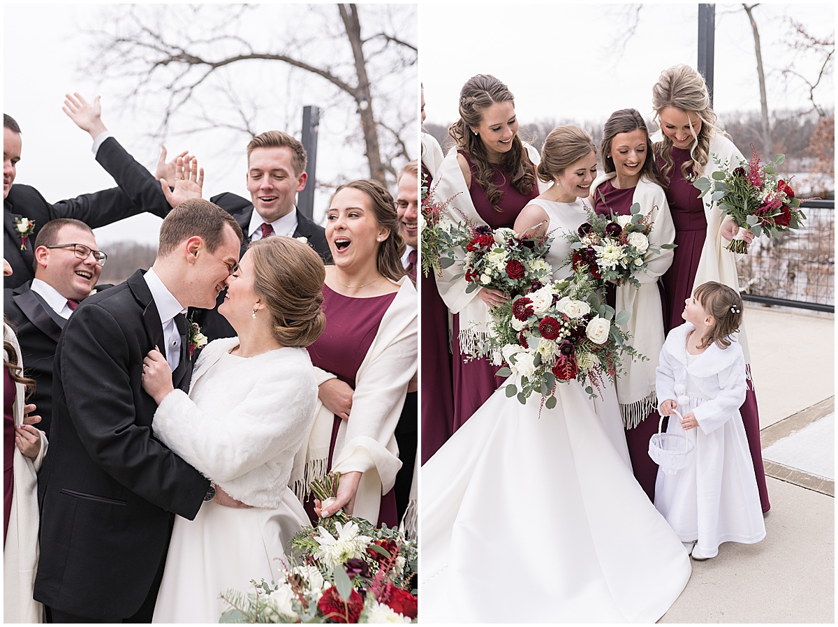 Bridesmaids laugh at flower girl at Allure on the Lake wedding in Chesterton, Indiana