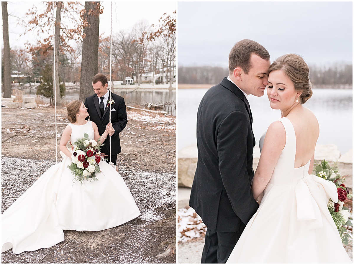 Bride and groom swing by lake at Allure on the Lake wedding in Chesterton, Indiana