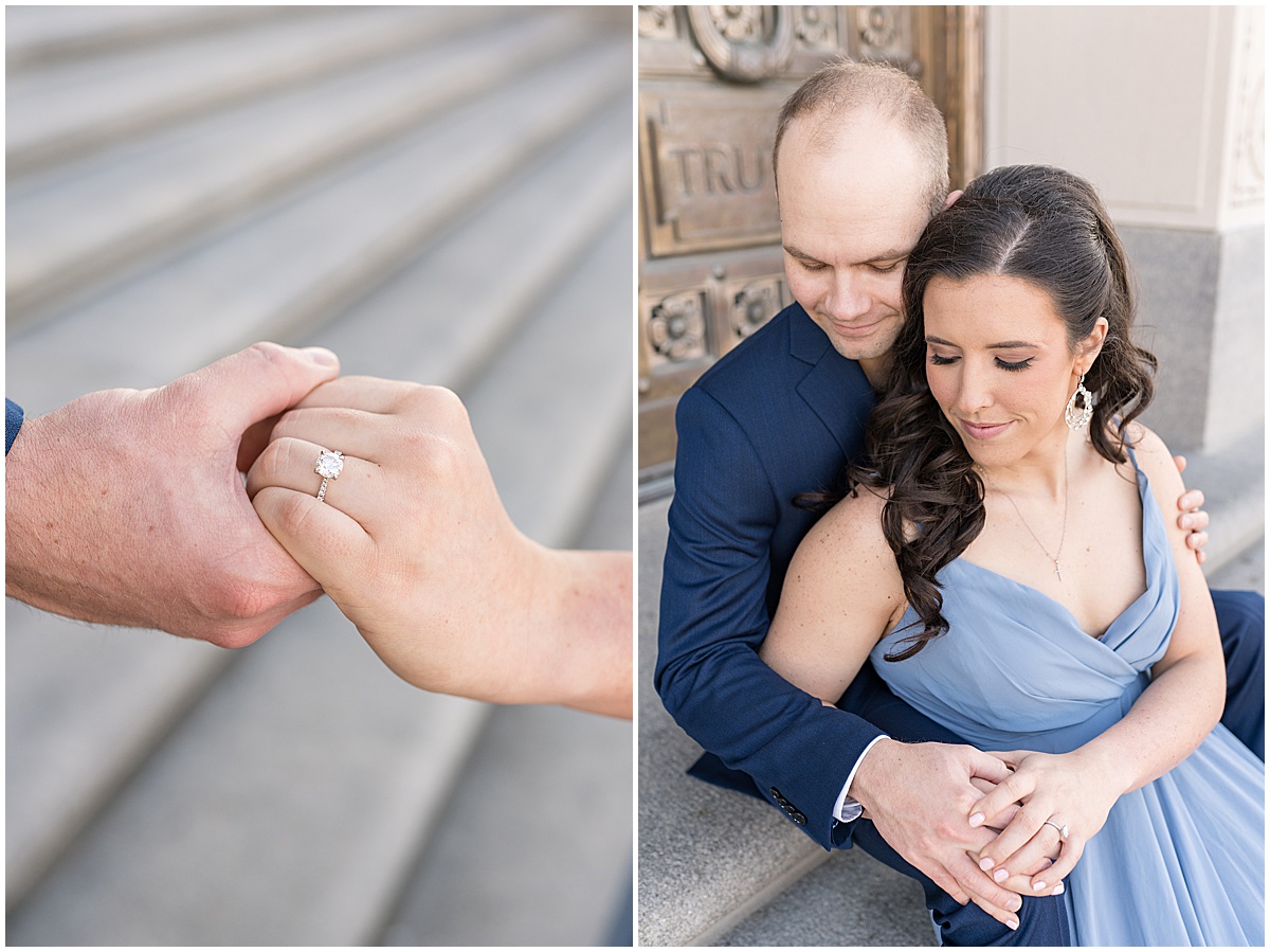 Close up of couple holding hands at Indiana War Memorial during Downtown Engagement Photos