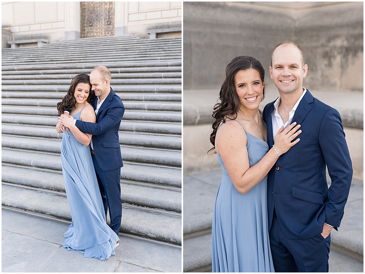 Couple laugh together at Indiana War Memorial during Downtown Engagement Photos