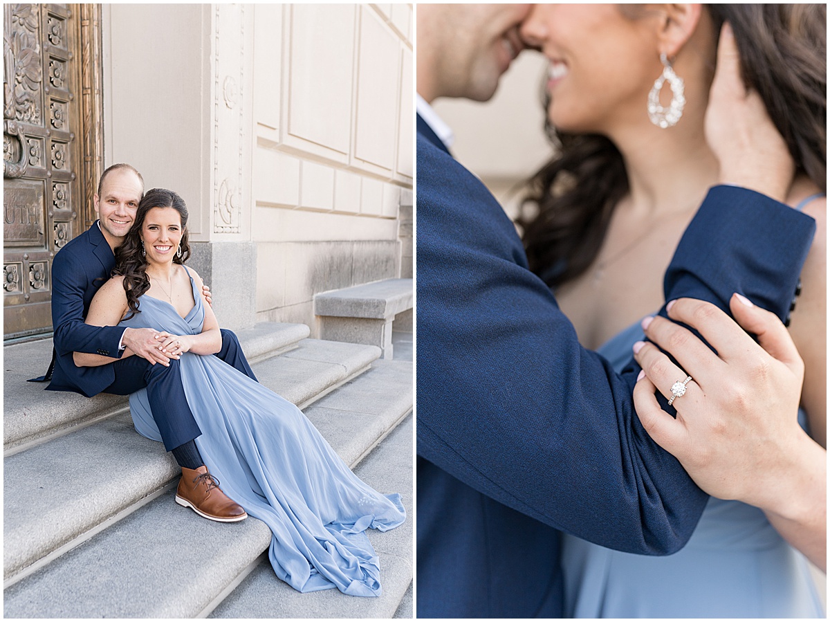 Close up of engagement ring at Indiana War Memorial during Downtown Engagement Photos