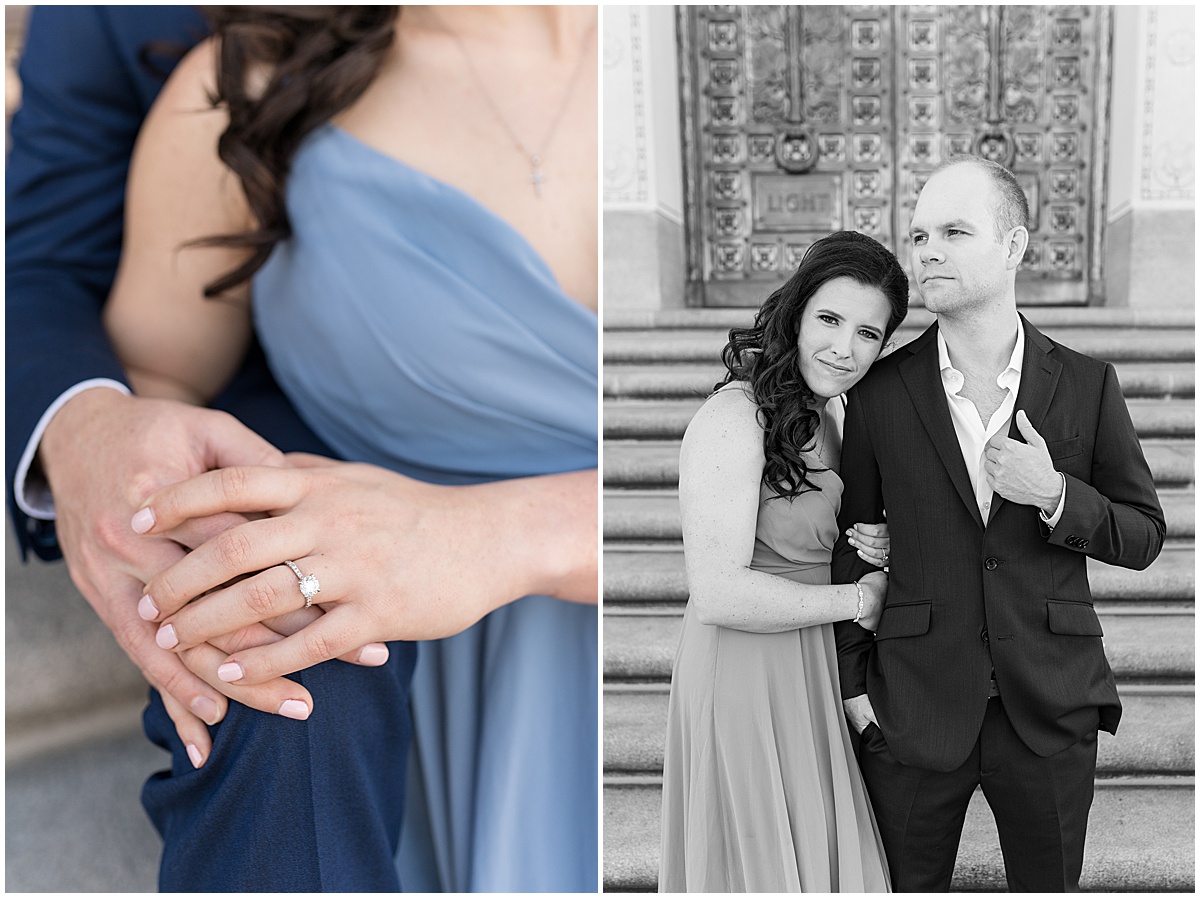 Couple hold hands at Indiana War Memorial during Downtown Engagement Photos