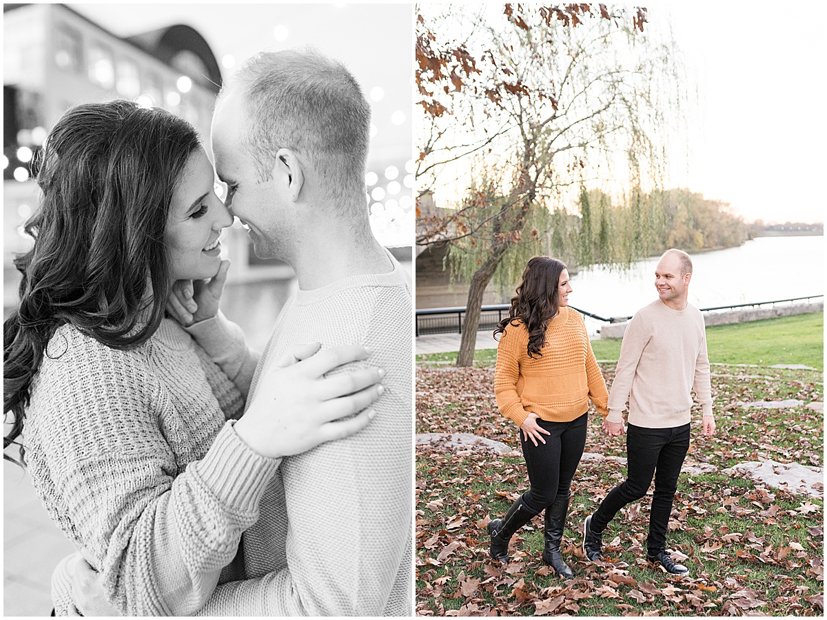 Couple walk in leaf filled grass at White River State Park during Downtown Engagement Photos