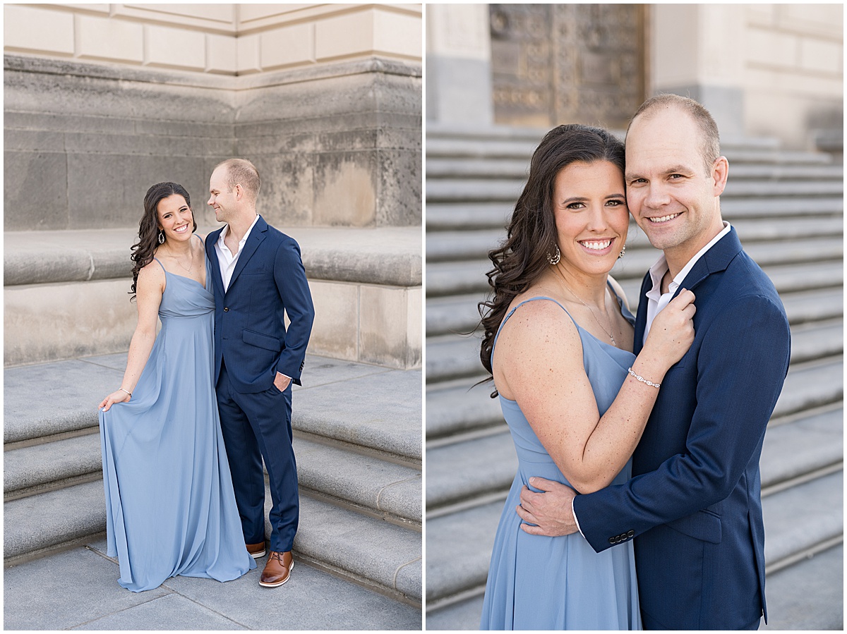 Man admires his bride to be at Indiana War Memorial during Downtown Engagement Photos