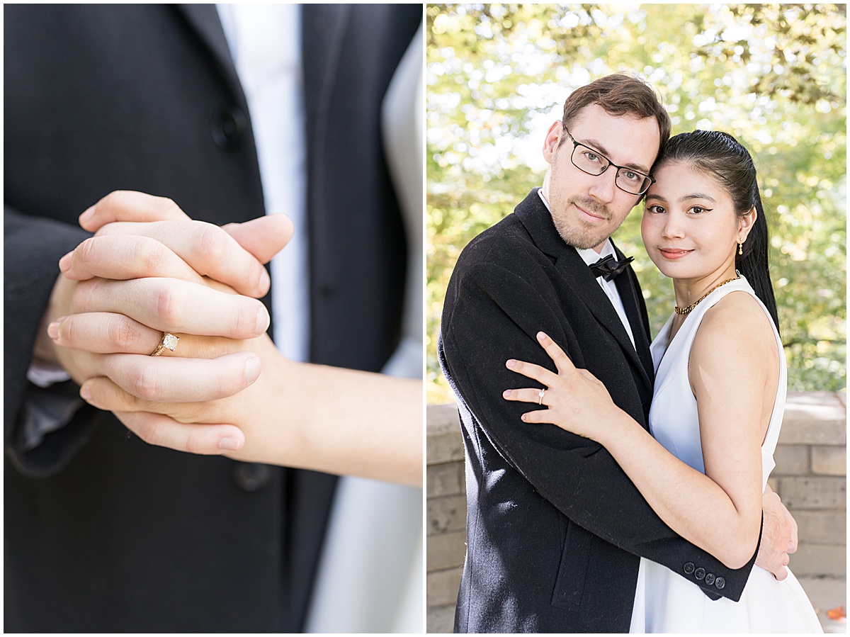 Close up of couple holding hands during garden engagement photos at Newfields in Indianapolis