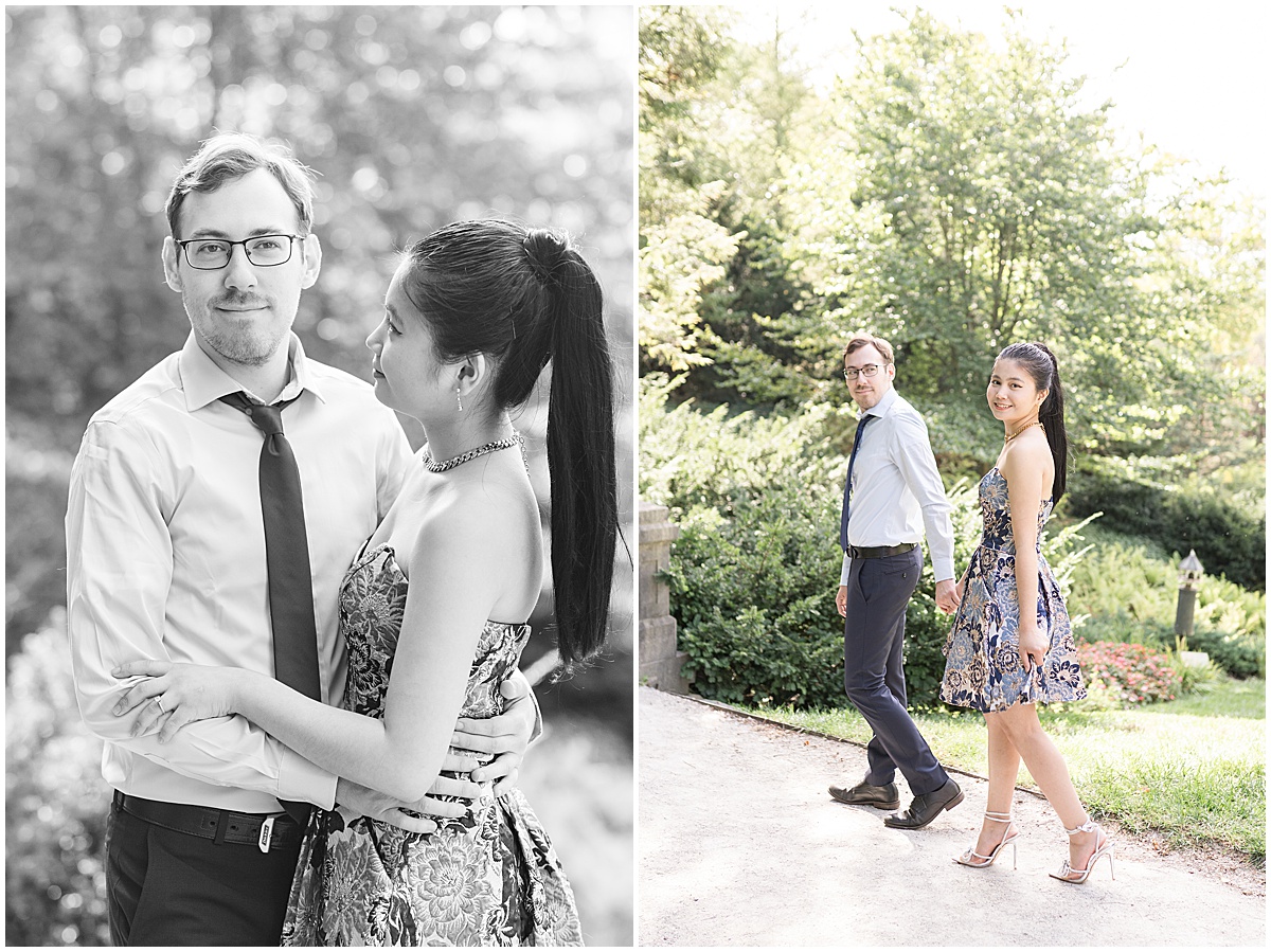 Couple walks on path during garden engagement photos at Newfields in Indianapolis
