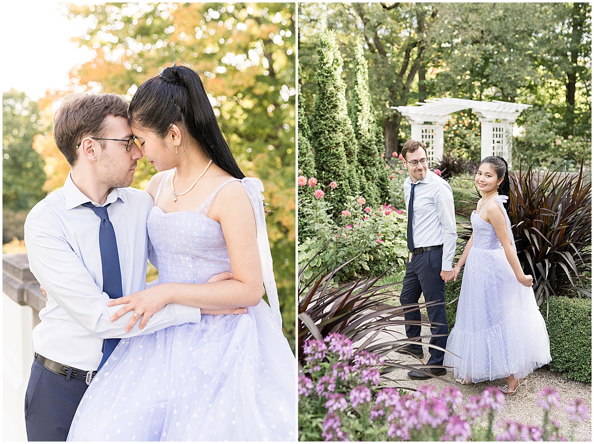 Couple walks through garden during garden engagement photos at Newfields in Indianapolis