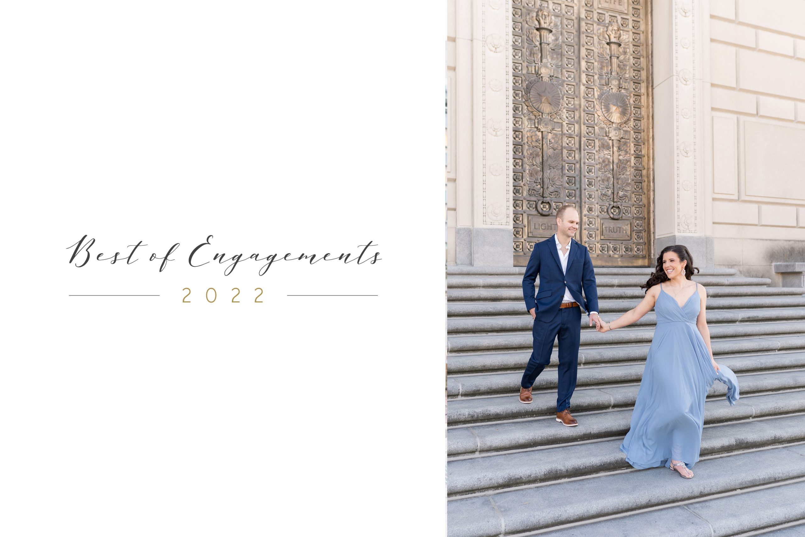 Couple walking downstairs at Indiana World War Memorial during their engagement photos featured in "Victoria Rayburn Photography Best of 2022 Engagement Photos"
