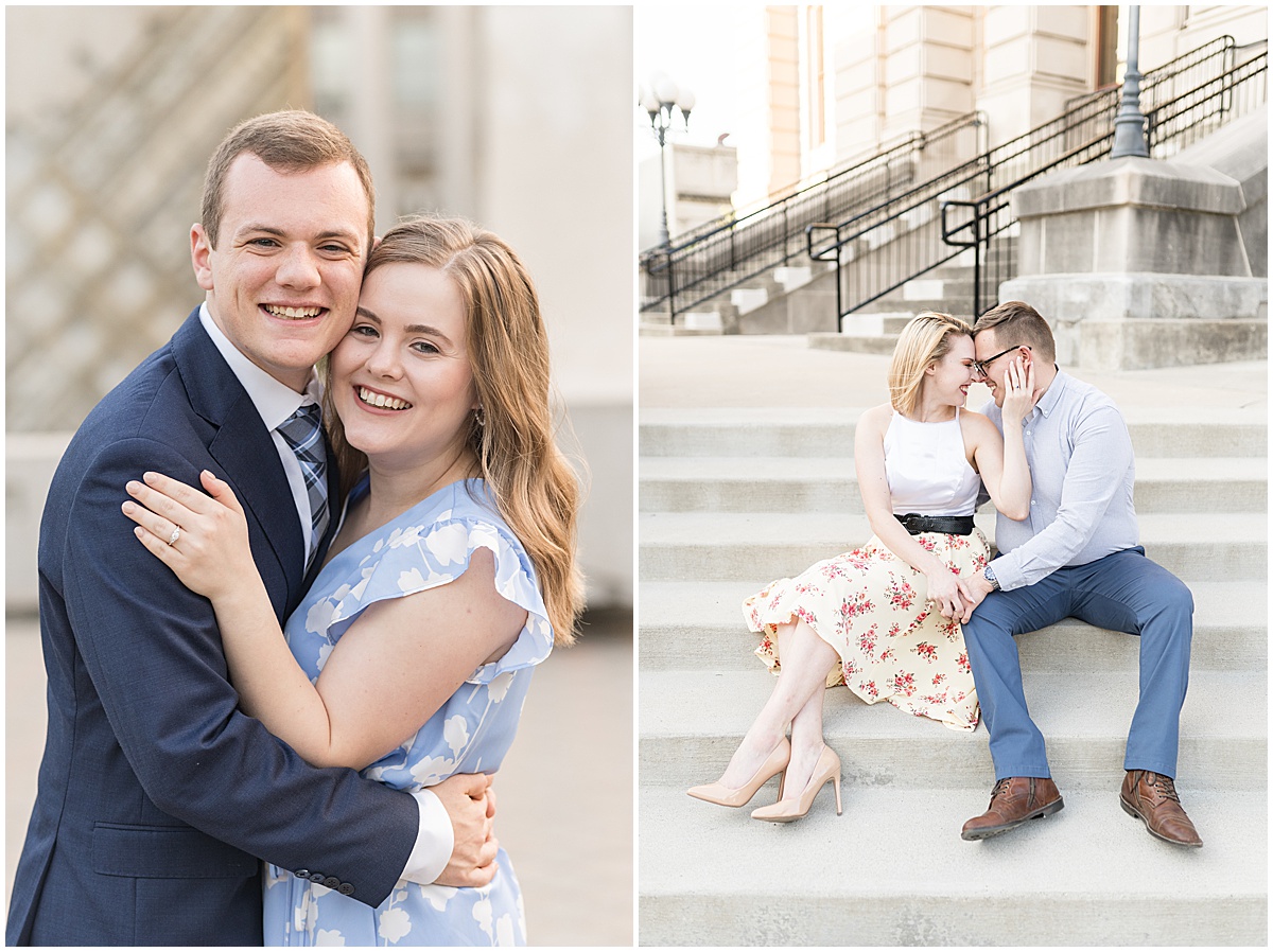 Couple sitting in front of Lafayette Courthouse featured in the “Victoria Rayburn Photography Best of Engagement Photos 2022” blog post.
