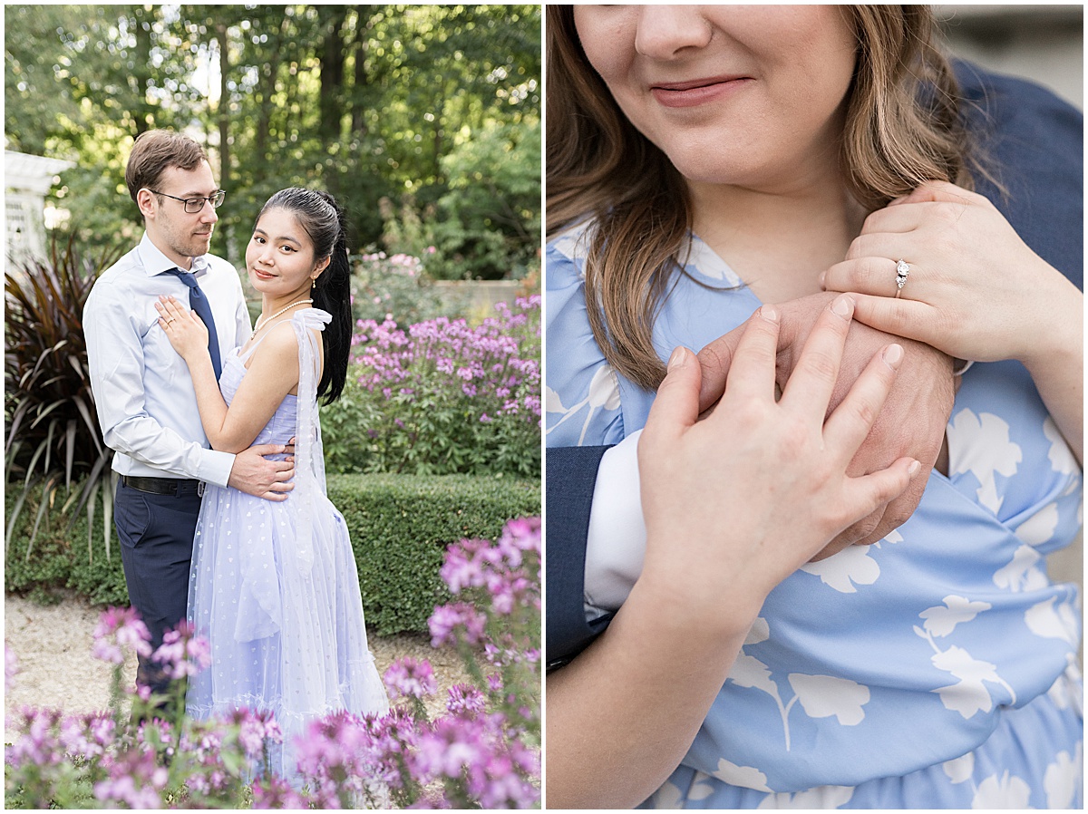 Couple hugs in Newfields garden featured in the “Victoria Rayburn Photography Best of Engagement Photos 2022” blog post.