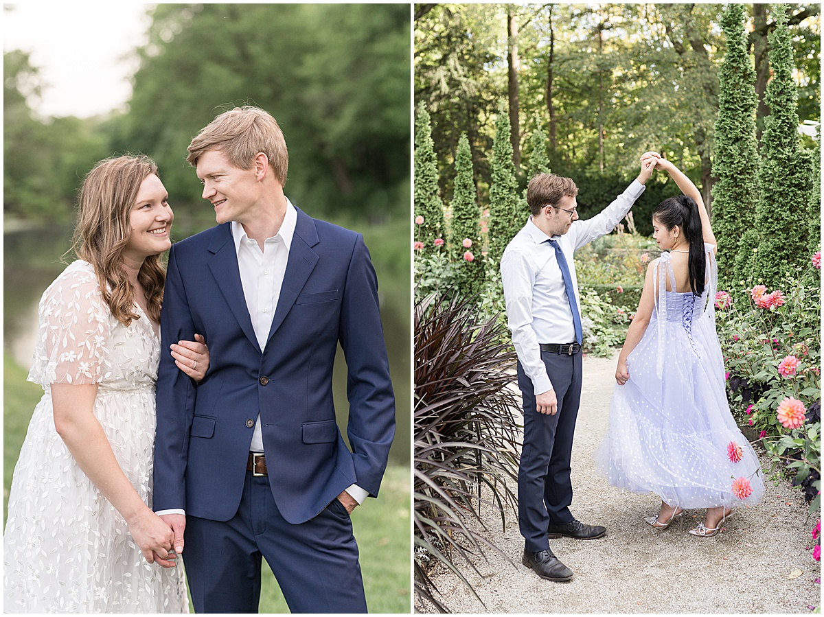 Couple dance in Newfields Garden featured in the “Victoria Rayburn Photography Best of Engagement Photos 2022” blog post.