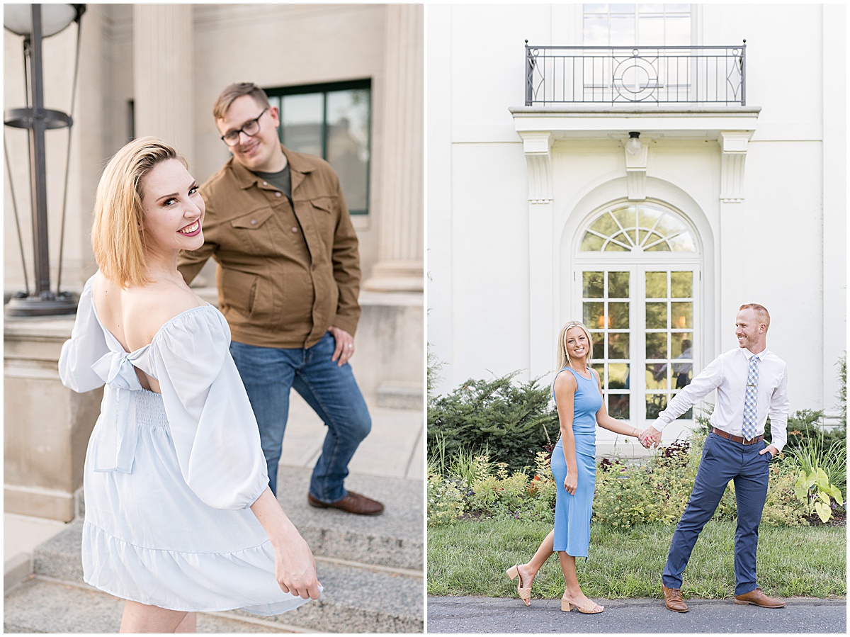 Couple hold hands in front of house on Newfields property featured in the “Victoria Rayburn Photography Best of Engagement Photos 2022” blog post.