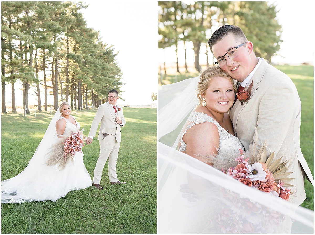 Bride and groom wrapped in veil after boho-inspired Miami County Fairgrounds wedding in Peru, Indiana photographed by Victoria Rayburn Photography