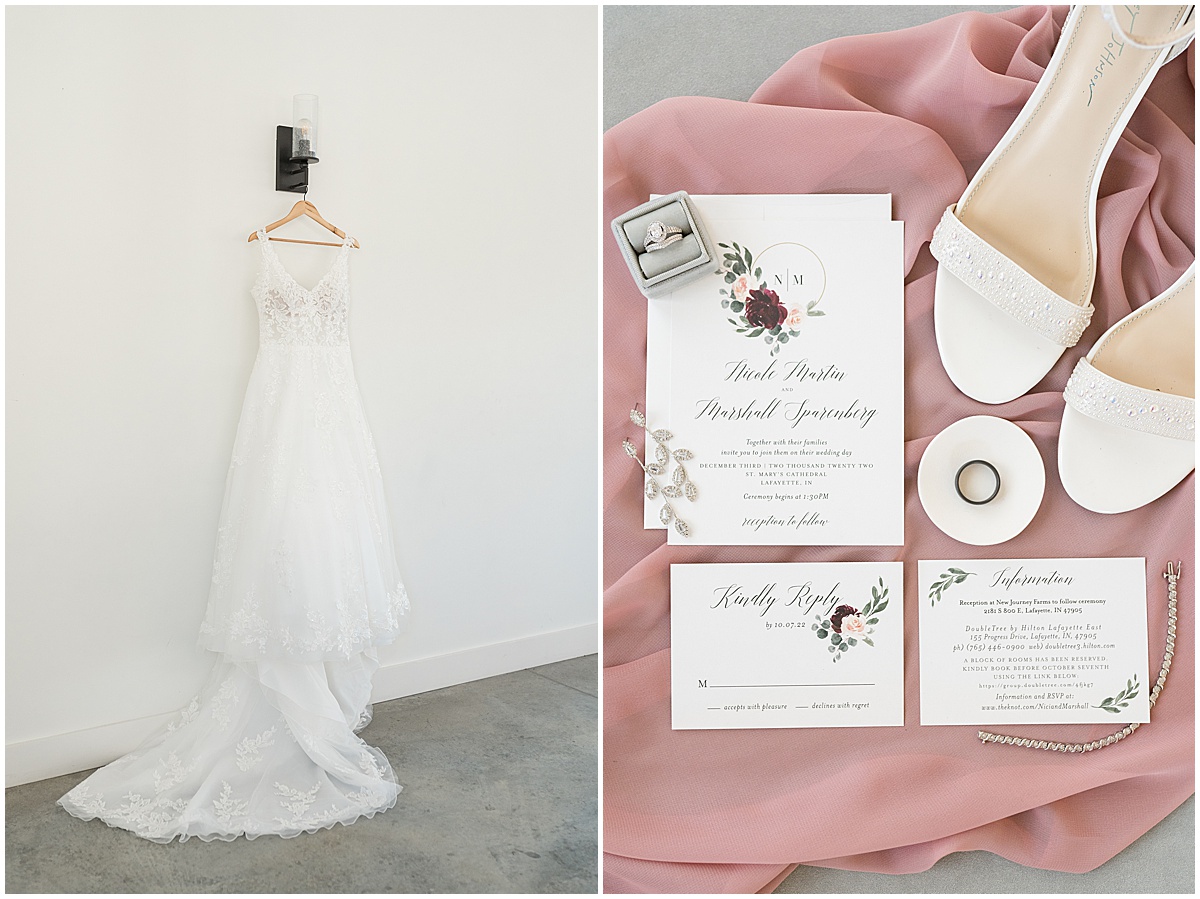 Pink flat lay for December wedding at New Journey Farms in Lafayette, Indiana photographed by Victoria Rayburn Photography