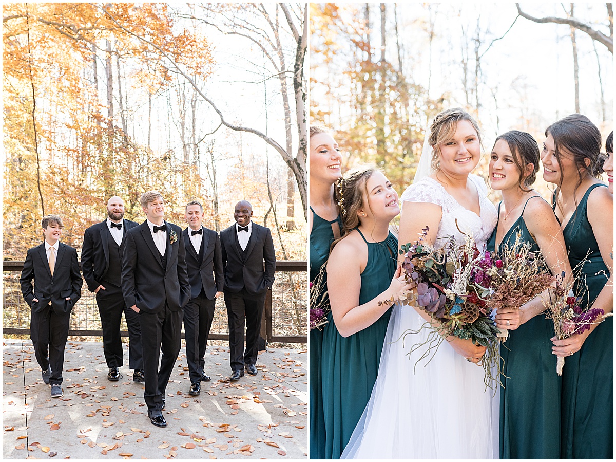 Groomsmen walk in black tux at fall wedding at 3 Fat Labs in Greencastle, Indiana photographed by Victoria Rayburn Photography