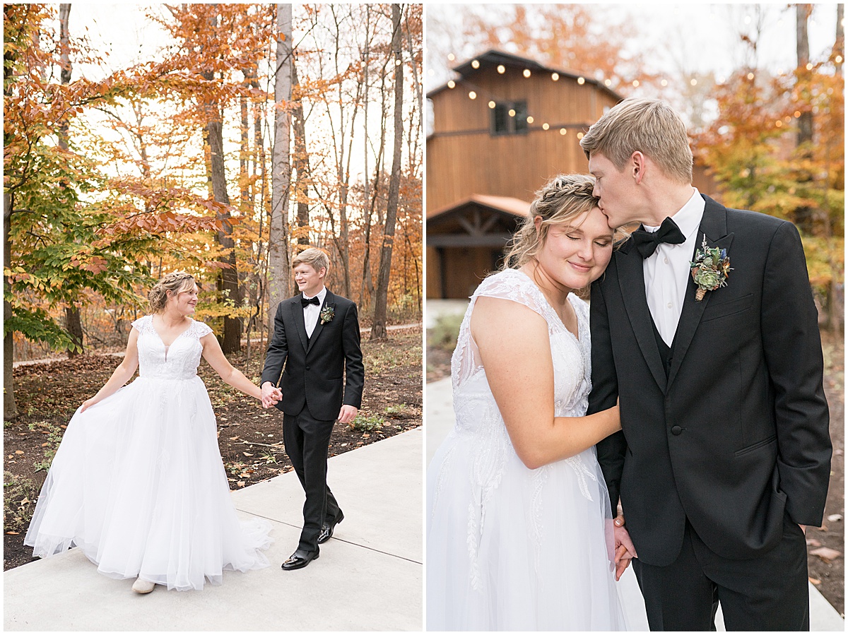 Bride and groom kiss on path at fall wedding at 3 Fat Labs in Greencastle, Indiana photographed by Victoria Rayburn Photography