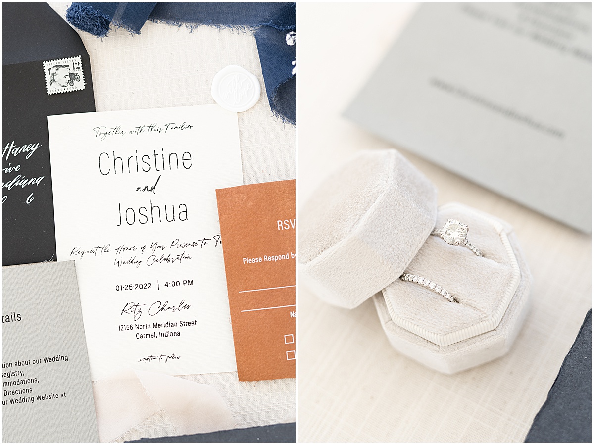 Wedding ring detail in flat lay for fall wedding at The Ritz Charles Garden Pavilion in Carmel, Indiana photographed by Victoria Rayburn Photography