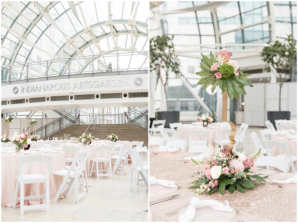 Reception space centerpieces for Indianapolis Artsgarden wedding photographed by Victoria Rayburn Photography