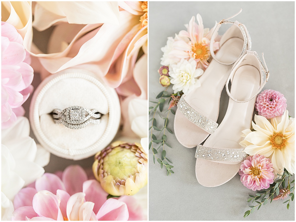 Ring and shoe details for pastel wedding at New Journey Farms in Lafayette, Indiana photographed by Victoria Rayburn Photography
