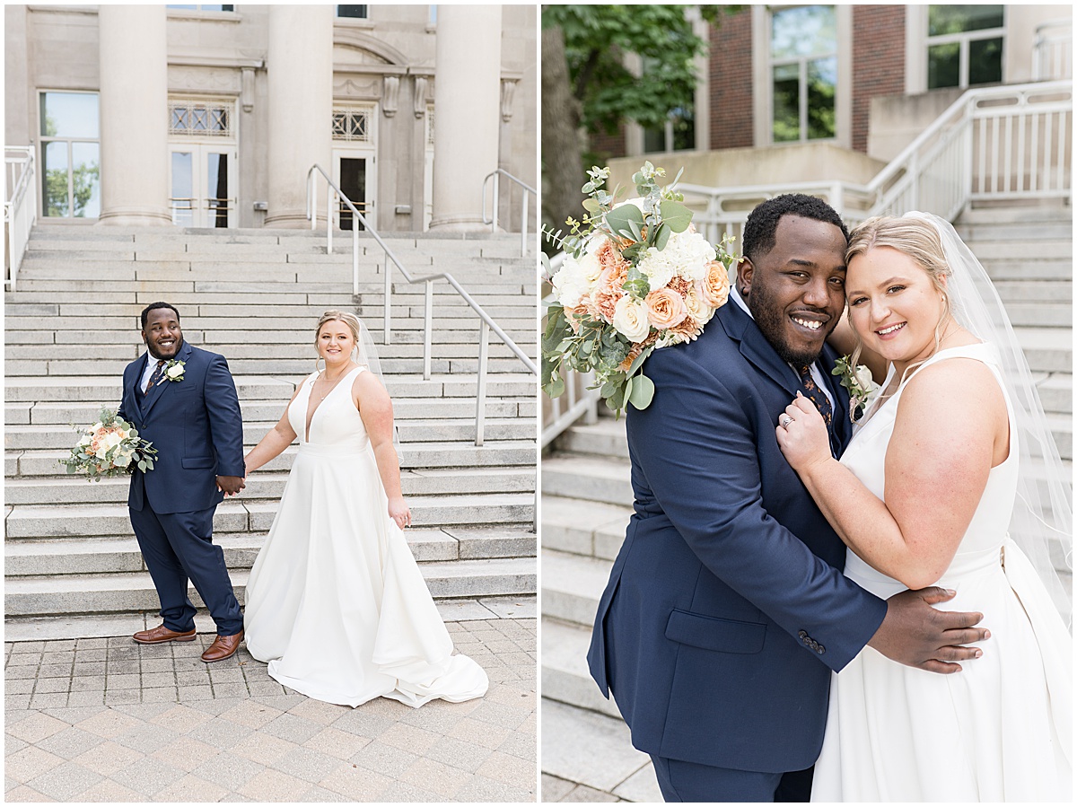 Bride and groom hold hands in front of steps at Purdue Memorial Union wedding photographed by Victoria Rayburn Photography