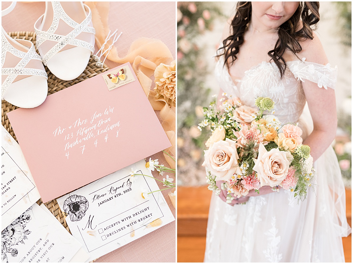 Bridal invitations and bouquet details for Ritz Charles Chapel wedding in Carmel, Indiana photographed by Victoria Rayburn Photography