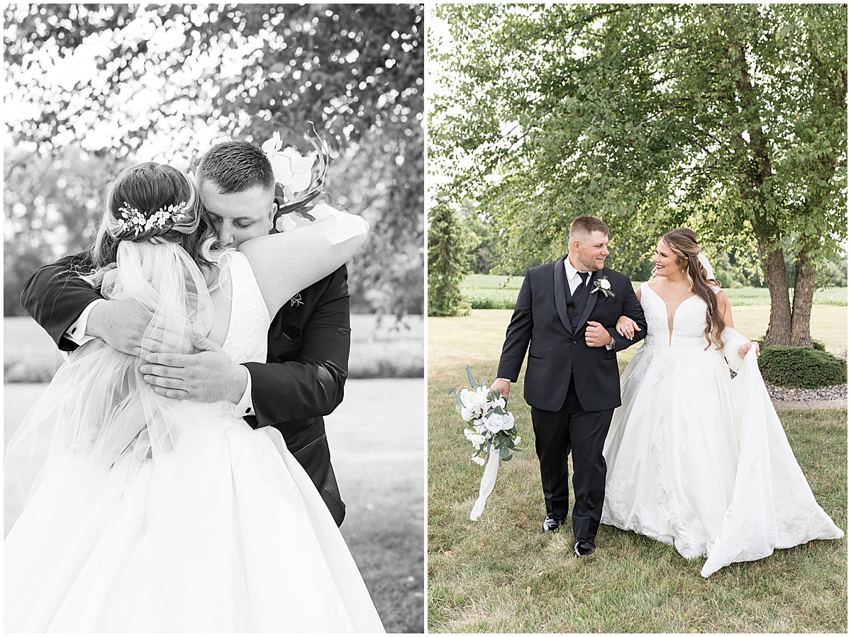 Bride and groom hug before wedding in Converse, Indiana photographed by Victoria Rayburn Photography