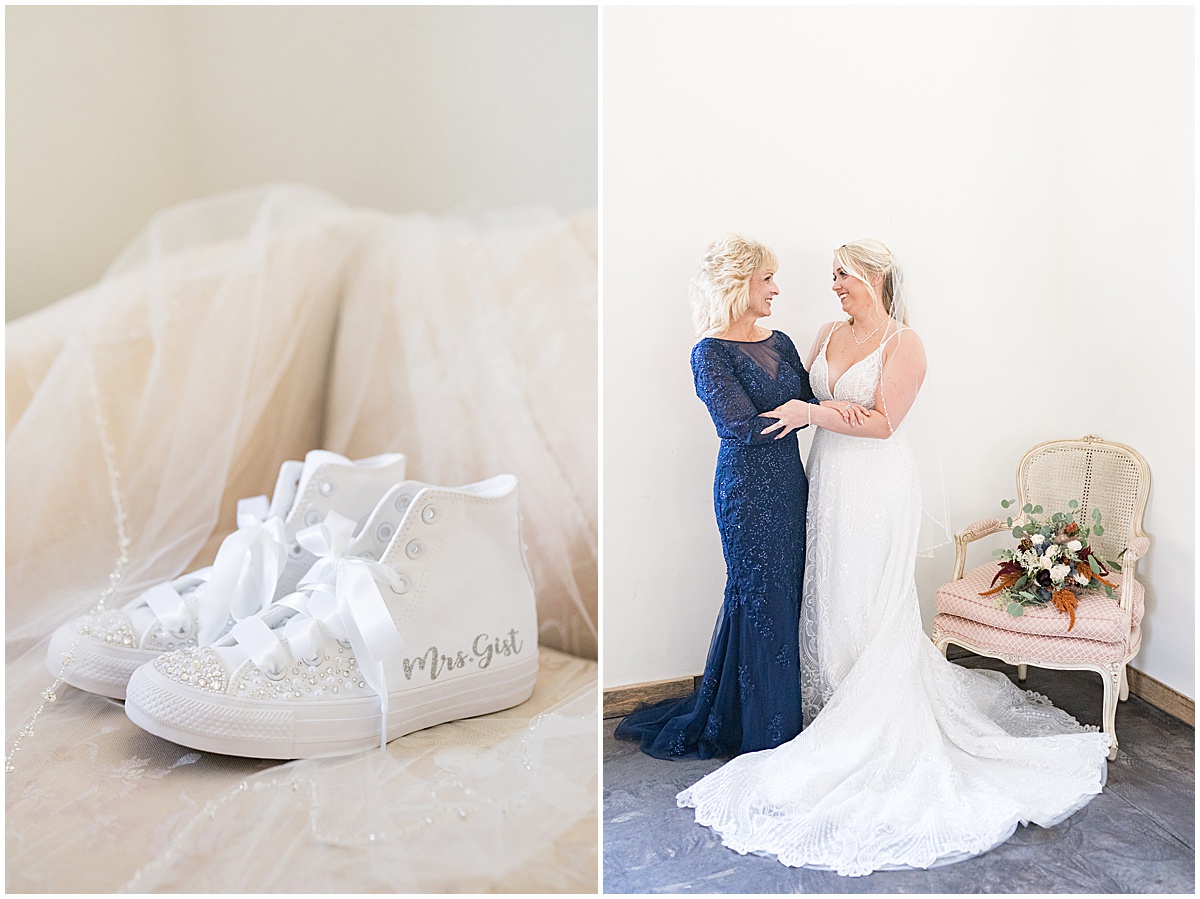 Bride's custom wedding shoes at fall wedding at The Ritz Charles Garden Pavilion in Carmel, Indiana photographed by Victoria Rayburn Photography