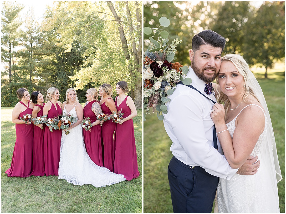 Bride and bridesmaids with maroon dresses for fall wedding at The Ritz Charles Garden Pavilion in Carmel, Indiana photographed by Victoria Rayburn Photography