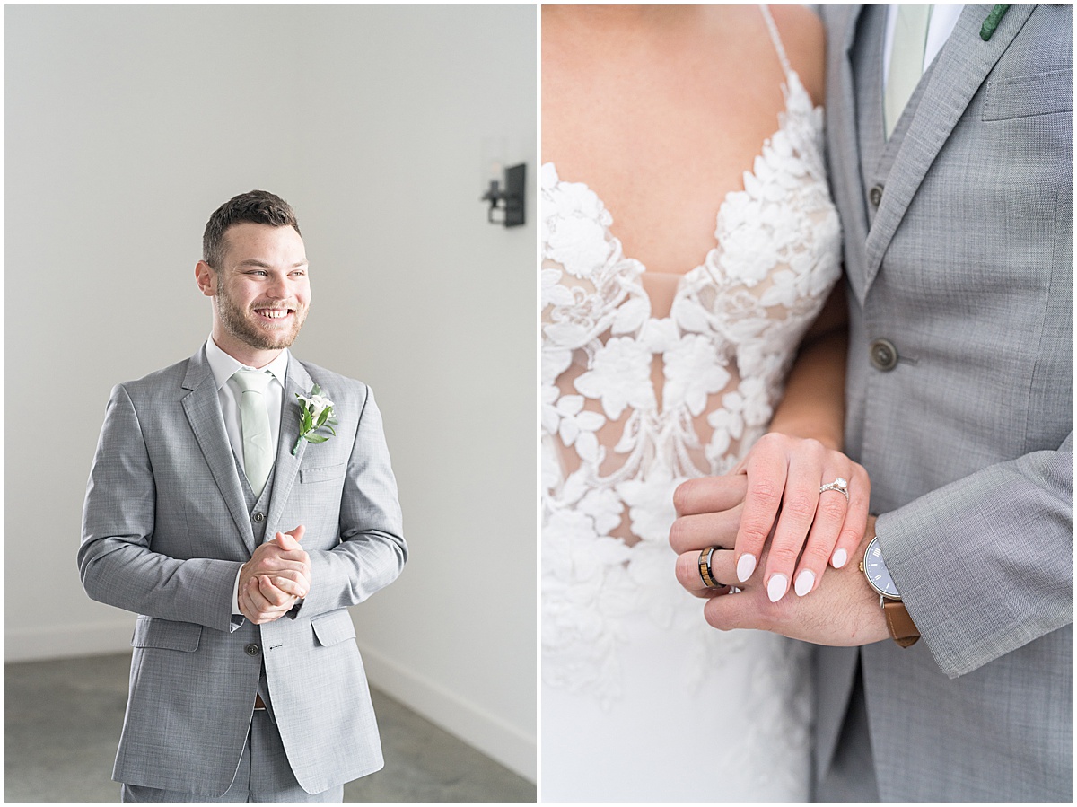 Close up of bride and groom holding hands at wedding at New Journey Farms in Lafayette, Indiana photographed by Victoria Rayburn Photography