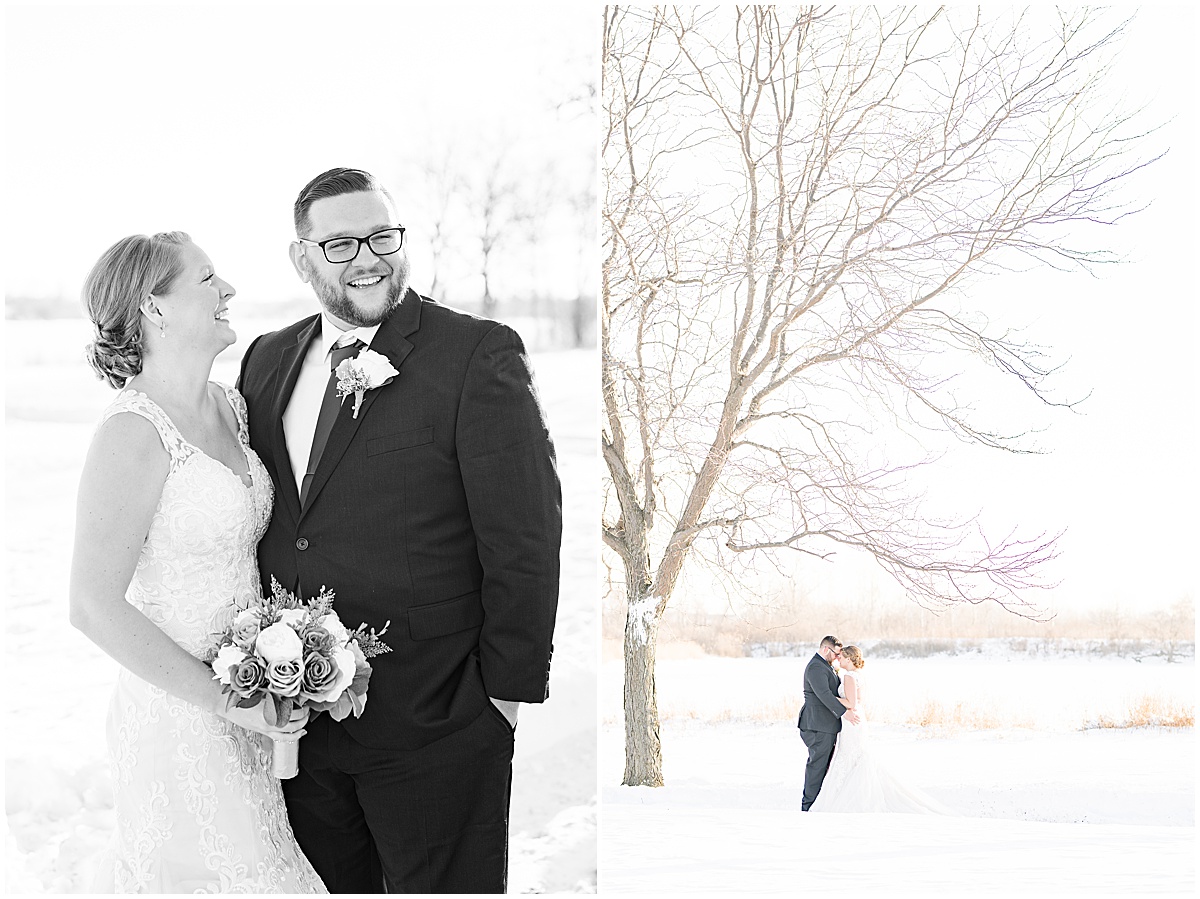 Couple in snowy landscape for wedding photos at Centennial Park in Orland Park, Illinois photographed by Victoria Rayburn Photography