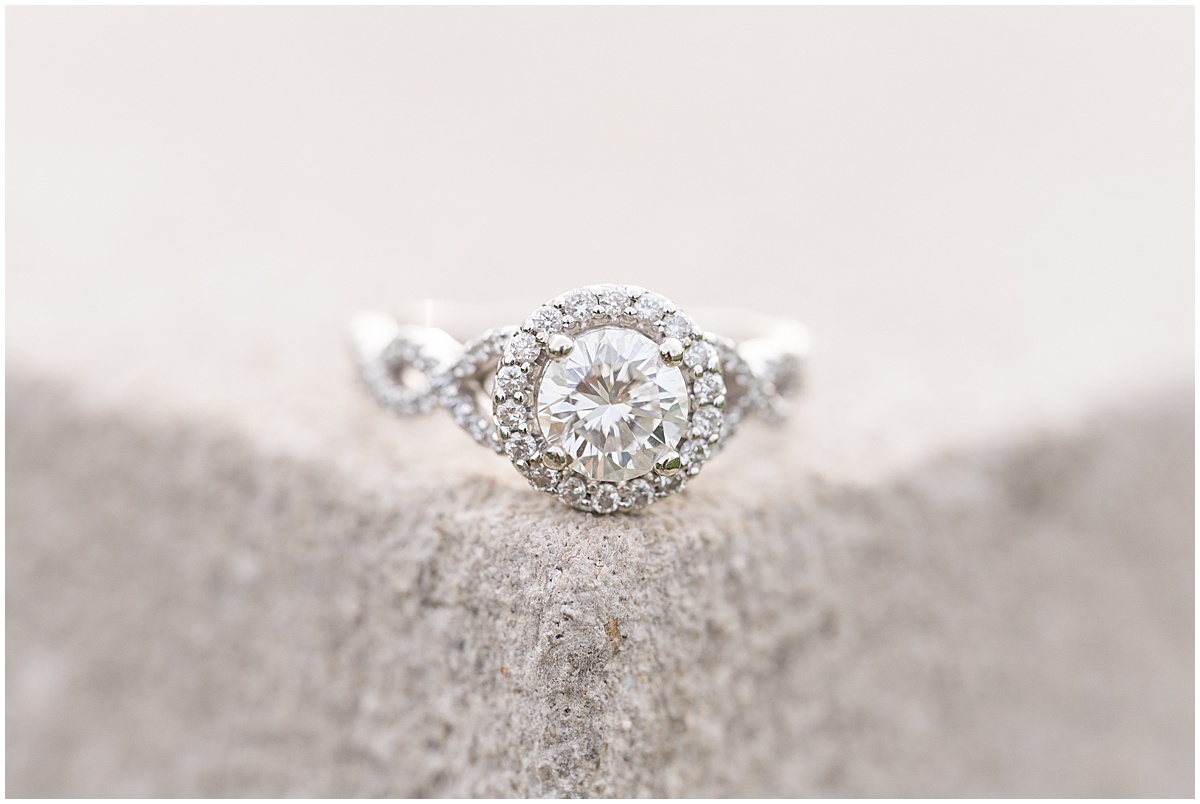 Close up of ring at Holcomb Gardens spring engagement photos