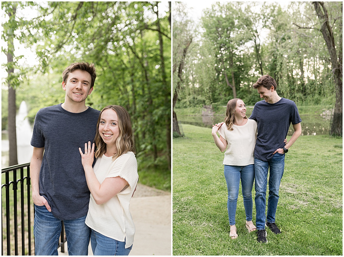 Couple laugh together during engagement photos at Holcomb Gardens in Indianapolis.