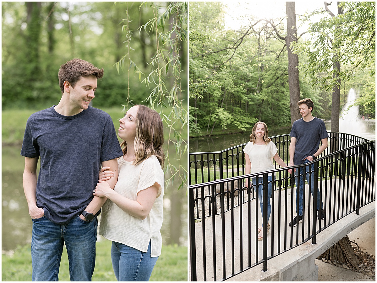 Couple under willow tree during engagement photos at Holcomb Gardens in Indianapolis.