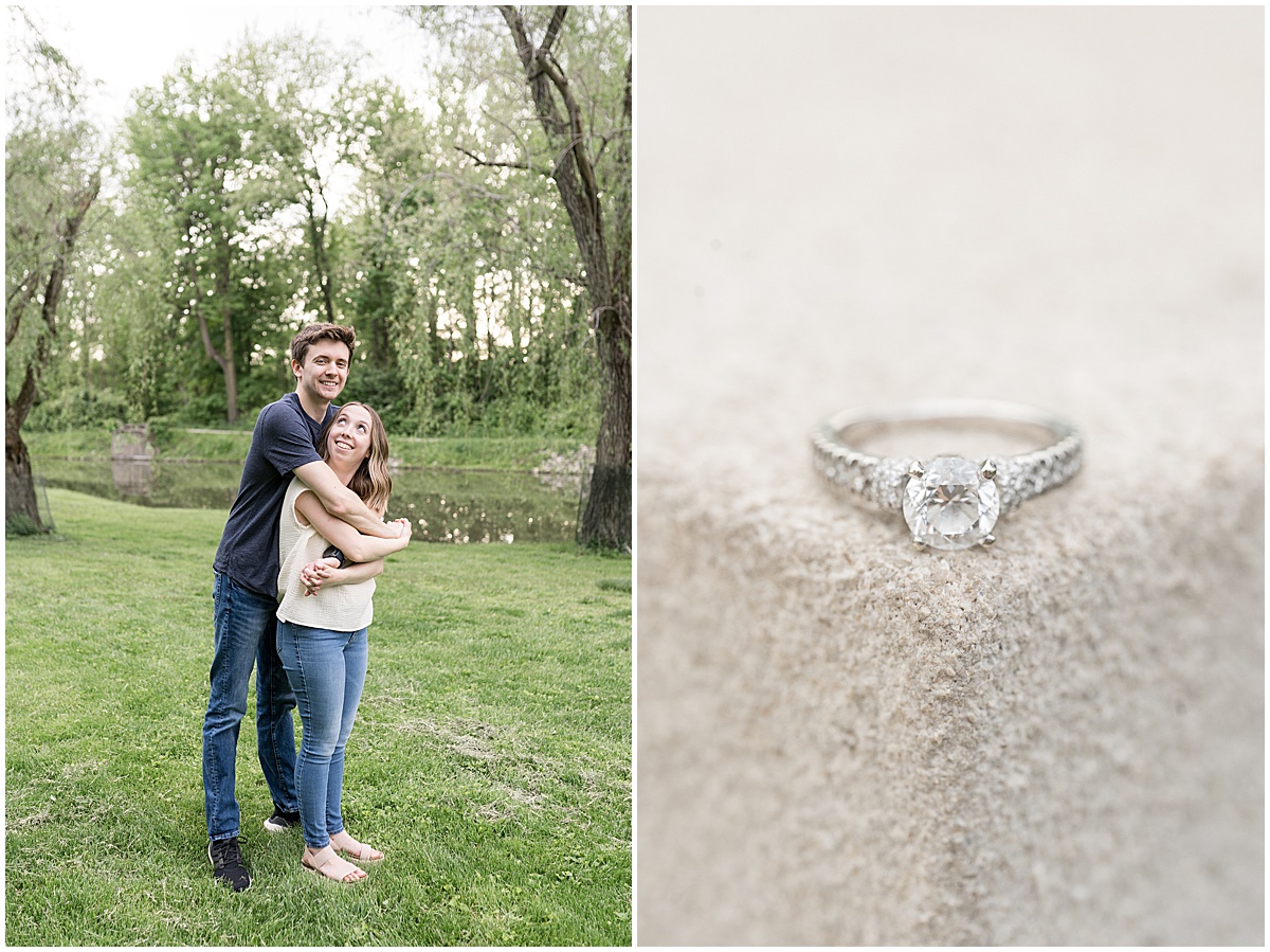 Ring on stone during engagement photos at Holcomb Gardens in Indianapolis.