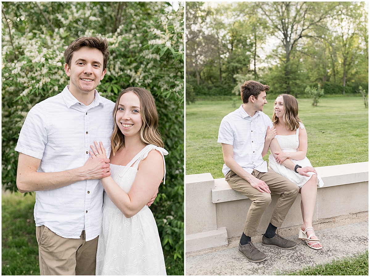 Couple hug during engagement photos at Holcomb Gardens in Indianapolis.