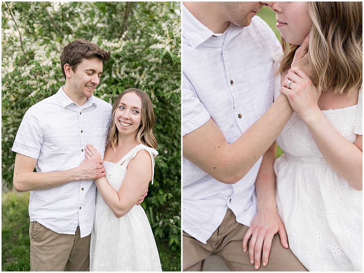 Couple hold hands during engagement photos at Holcomb Gardens in Indianapolis.