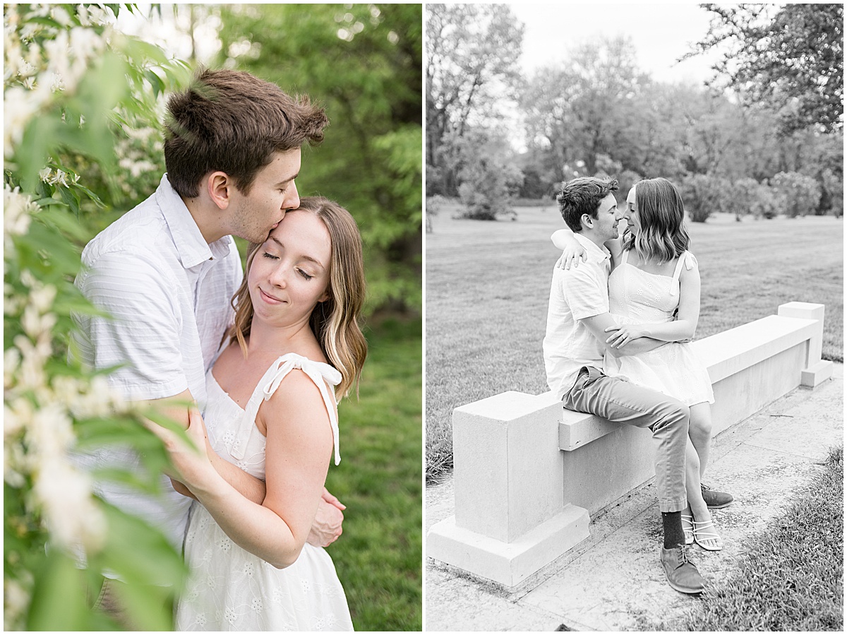 Couple kiss during engagement photos at Holcomb Gardens in Indianapolis.