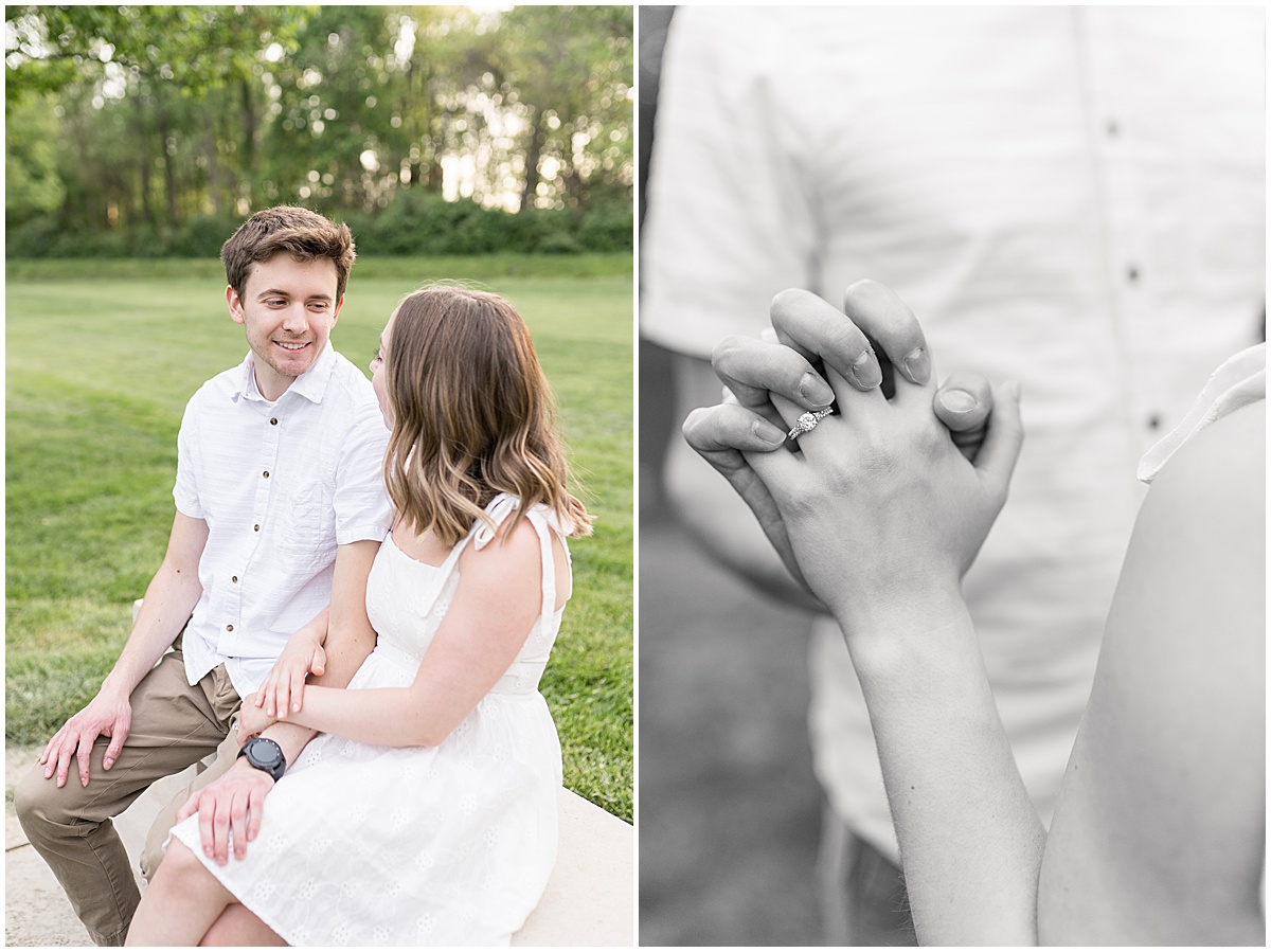 Close up of couple holding hands at engagement photos at Holcomb Gardens in Indianapolis.
