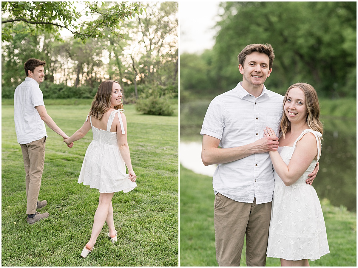 Couple stroll through field during engagement photos at Holcomb Gardens in Indianapolis.