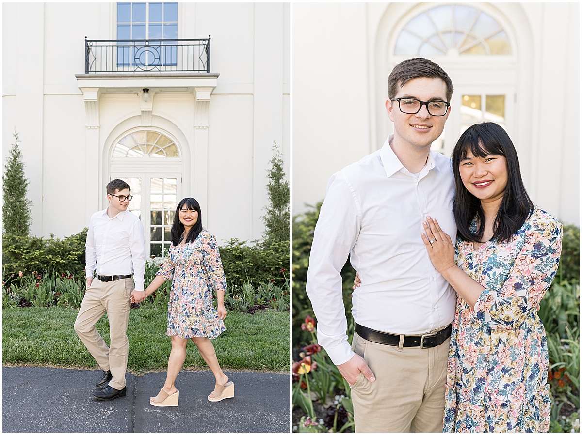 Couple in front of historic home at engagement photos at Newfields in Indianapolis.