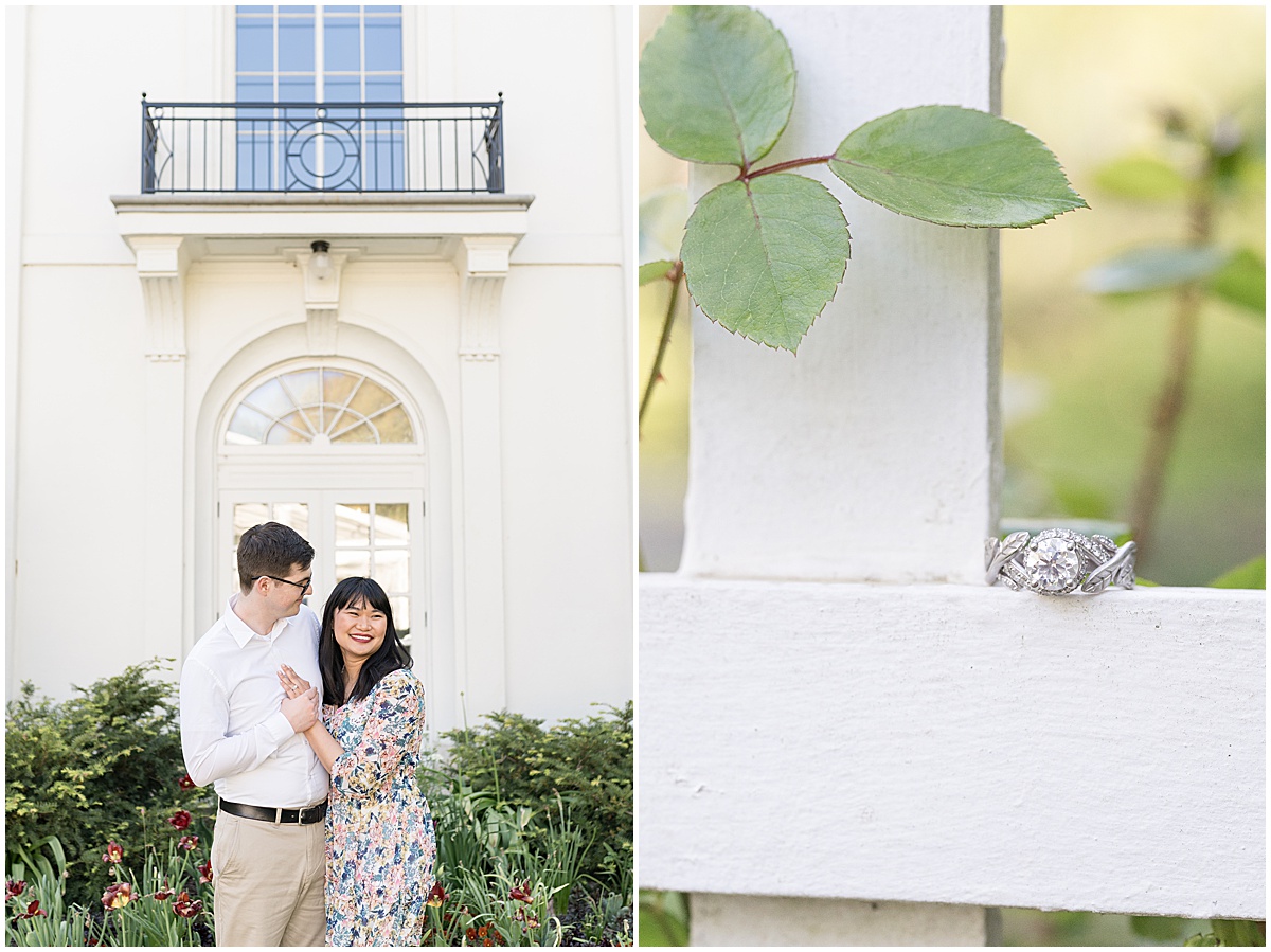 Diamond ring on trellis at engagement photos at Newfields in Indianapolis.