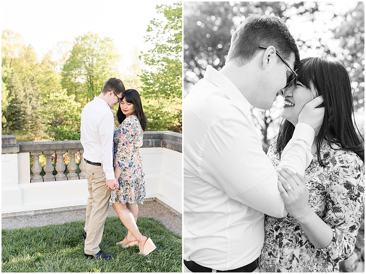 Couple embrace during Spring engagement photos at Newfields in Indianapolis.